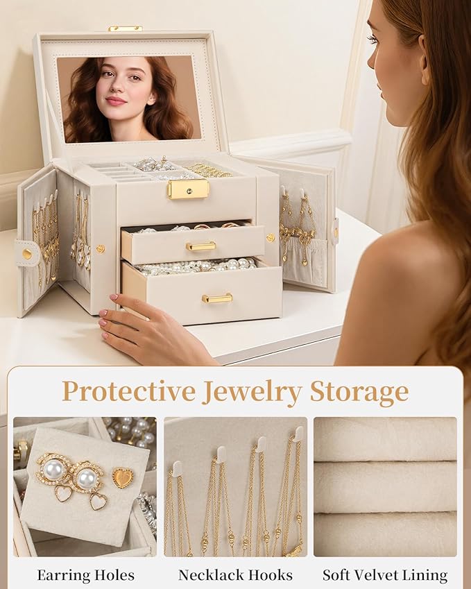 TORIBIO Jewelry Box for Women, Leather Jewelry Organizer with Mirror & Lock, 3-Tier Jewelry Storage Organizer with 2 Drawers 