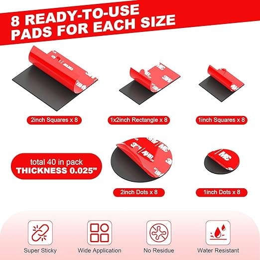 Double Sided Tape Heavy Duty 40PCS Adhesive Pads 1“ and 2” Squares Dots Rectangles Pack Strong Waterproof Mounting Tape for Dashboard Dash Cam Windshield Suction Cup Phone Holders Black