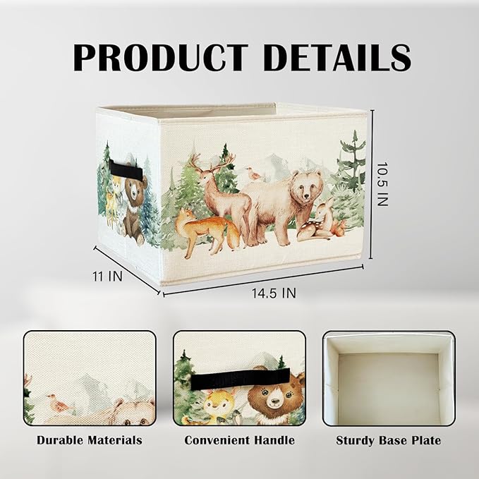 Animal Forest Nursery Storage Bins Basket with Handles,Cute Forest Animal Collapsible Storage Basket Organizer for Kids Room 