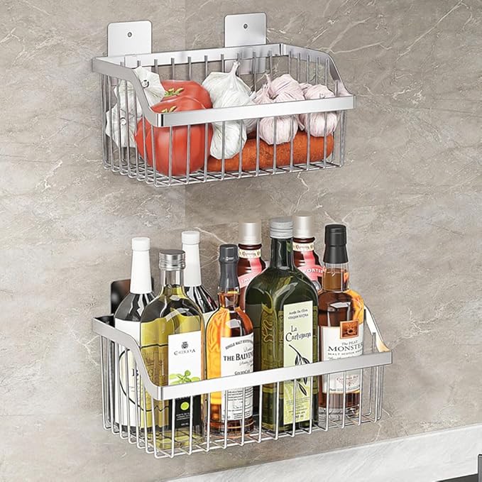 2PCS Hanging Storage Baskets Organizer Wall Mount, SUS304 Stainless Steel Wire Storage Bin Rack for Kitchen Bathroom Shower S