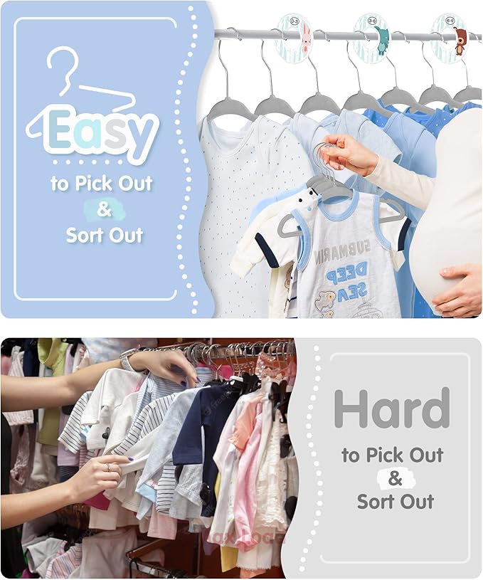 VIS'V Baby Hangers, 11 Inch Velvet Kids Hangers with 6 Pcs Clothes Size Dividers, Infant Toddler Nursery Closet Organization,
