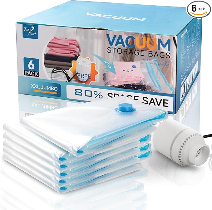 6 Pack XXL Jumbo Vacuum Storage Bags with Electric Air Pump, Space Saver Bags,Compression for Comforters and Blankets,Duvets,