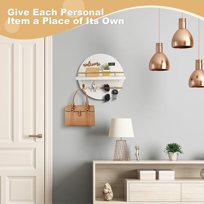 Key Holder for Wall, Key and Mail Holder Organizer with - Key Holder Wall Mount - Round Wooden Rustic Home Decor for Entryway
