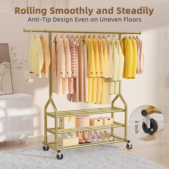 EAGMAK Heavy Duty Clothes Rack Load 688 LBS, Rolling Clothing Rack With 3 Shelves, Adjustable Metal Clothes Hanger with Wheel