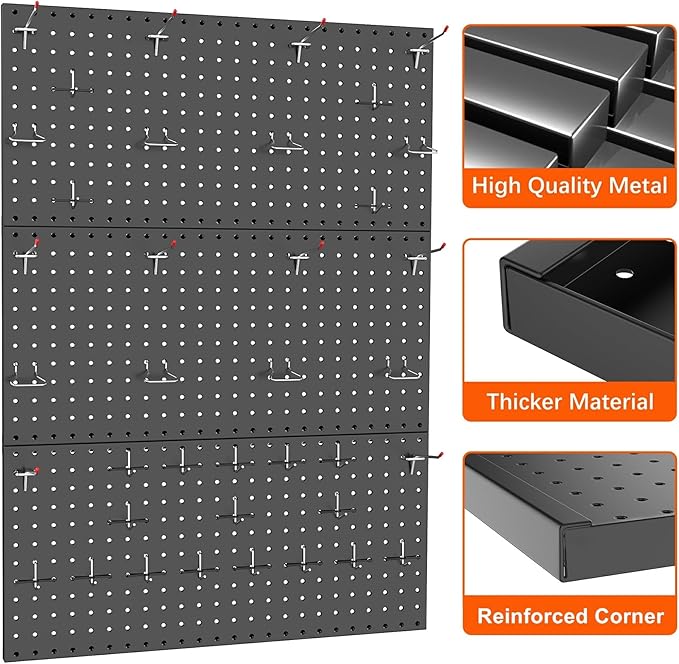 TORACK 3 PCS Metal Pegboard Panels for Wall Garage Utility Tools Storage Pegboard for Workbench, Shop, Modular Peg Board Tool