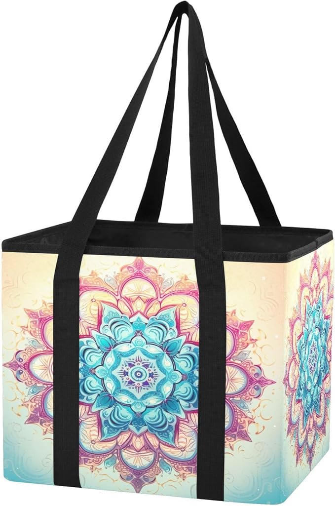 Mandala Reusable Grocery Bags Large Shopping Tote Bag with Reinforced Bottom Board, Water Resistant Foldable Storage Bags for