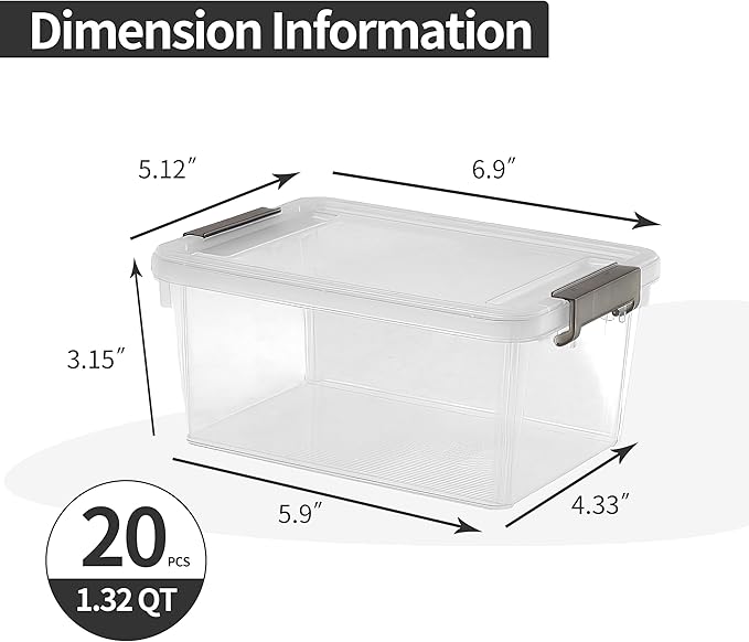 Citylife 1.3 QT 20 Packs Small Storage Bins Plastic Storage Container Stackable Box with Lids for Organizing, Clear White