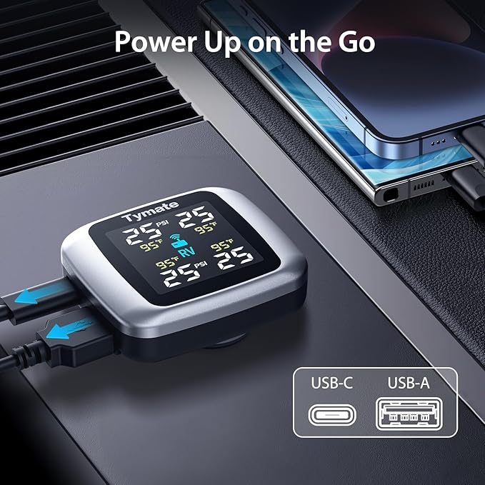 Tymate TM7 Tire Pressure Monitoring System, Wireless TPMS with 4 External Sensors & 6 Alarm Modes, Colorful Display, Real-time Tire Pressure Monitor System, Ideal for RV SUV MPV Truck Sedan(0-144 PSI)