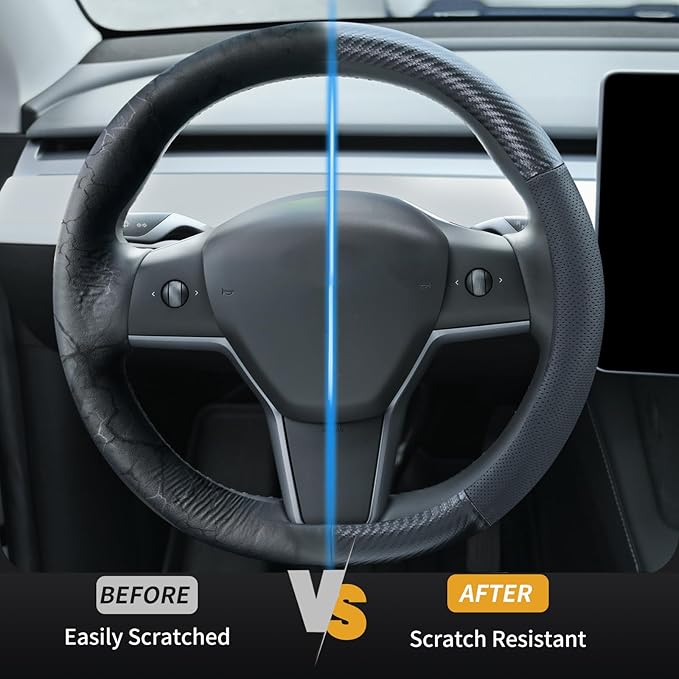 Carbon Fiber Leather Steering Wheel Cover for Tesla Model 3/Y 2016-2025 2026 Juniper/Highland, Non-Slip Breathable Steering Wheel Protector for Tesla Model 3/Y Accessories 2026