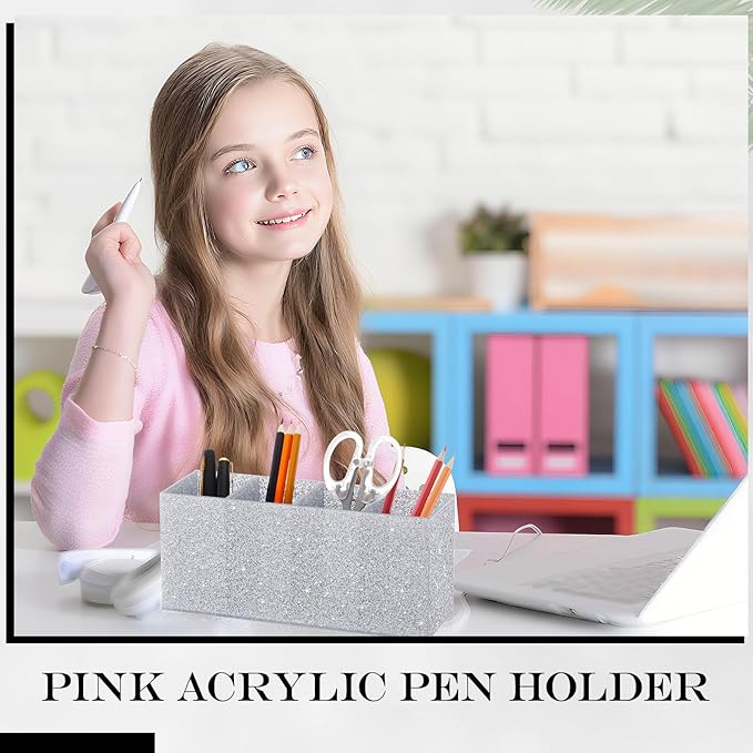 Jetec Acrylic Glitter Pen Holder 4 Compartments Bling Makeup Brush Stationery Organizer Pencil Holder for Desk Accessories Sp