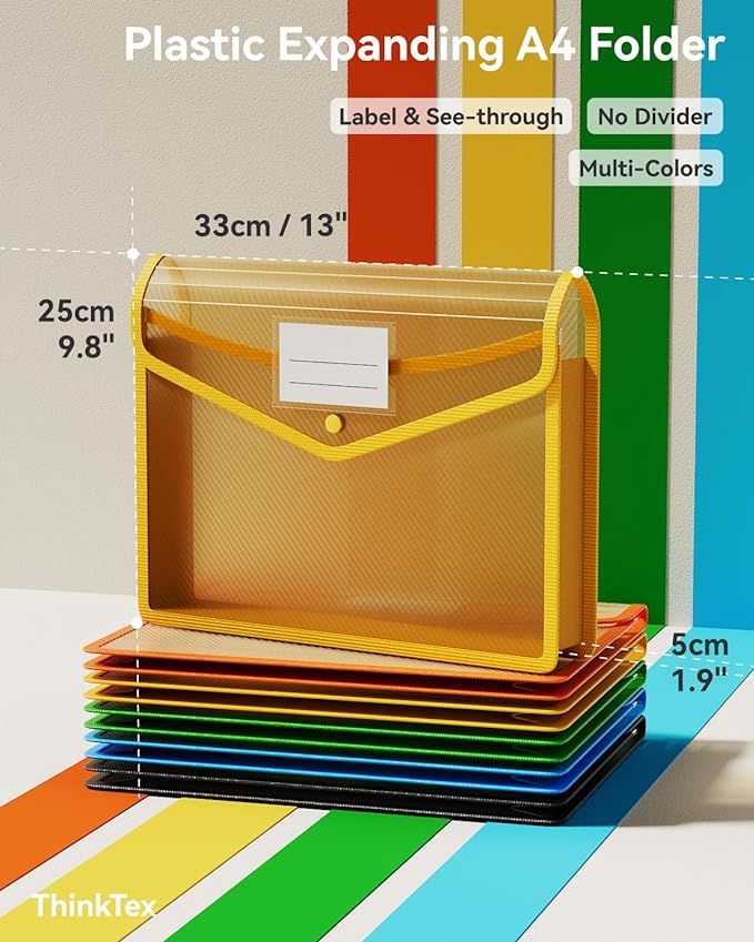 ThinkTex Plastic Expanding File Folder, Transparent Envelopes with Snap Closure, No Dividers, Large Capacity, Assorted Colors