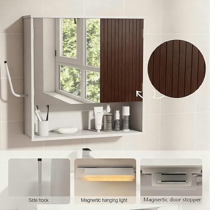 Bathroom Wall Cabinet With Mirror,wall mounted bathroom cabinet,Medicine Cabinet with 2 Door ,Side Hook,Light and Adjustable 