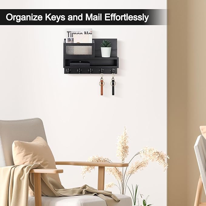 Key and Mail Holder Wall Mount, Key Hanger with Long Storage Box and 5 Hooks for Coat, Dog Leash, Home Decor Rack, House Acce