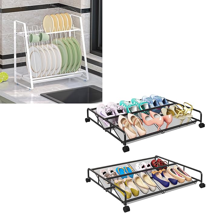 2 Pack Under Bed Shoes Storage + Plate Organizer
