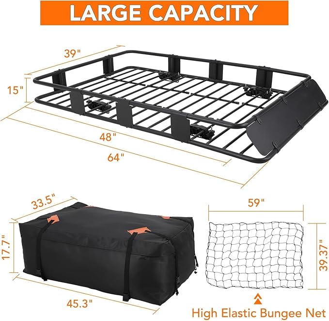 Towallmark 64"x39" Universal Roof Rack Basket with Cargo Bag, Adjustable Steel Roof Cargo Basket up to 200 lbs Capacity, Car Top Carrier for SUV, Truck, and Vehicle Rooftop Storage