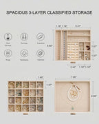 Jewelry Box with Glass Lid,3-Layer Jewelry Boxes for Women,PU Leather Jewelry Organizer with 20-Grid Earring Drawer & Movable
