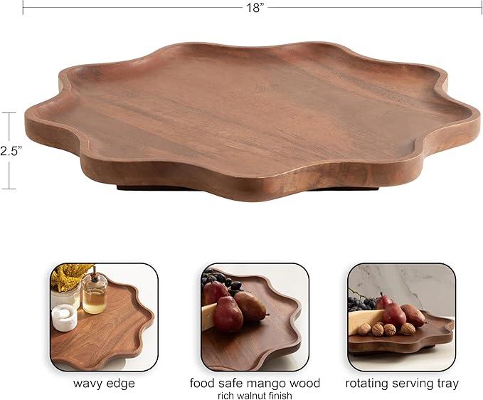 Kate and Laurel Alezar Mango Wood Wavy Round Lazy Susan Tray, 18 Inch Diameter, Walnut Brown, Scalloped Wooden Countertop Org