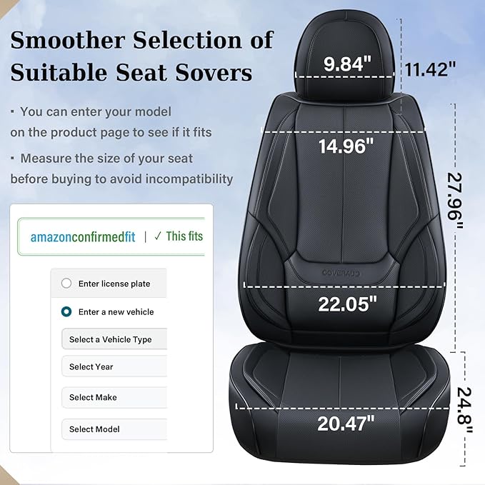 Coverado Seat Covers Full Set, Black Seat Covers for Cars 5 Seats, Car Seat Protector, Waterproof Nappa Leather Car Seat Cush