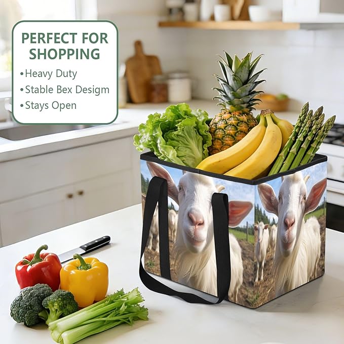 Cute White Goat Reusable Grocery Bags Large Shopping Tote Bag with Reinforced Bottom Board, Water Resistant Foldable Storage 