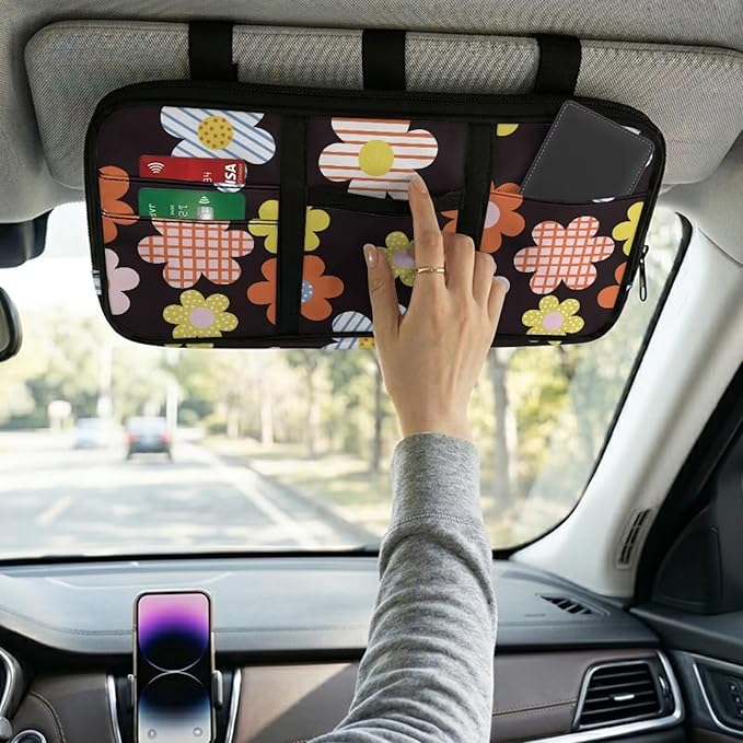 Car Sun Visor Organizer,Hippie Flower Theme Truck Visor Organizer Elastic Bands Organizes Essentials for Cards, Pens and Document