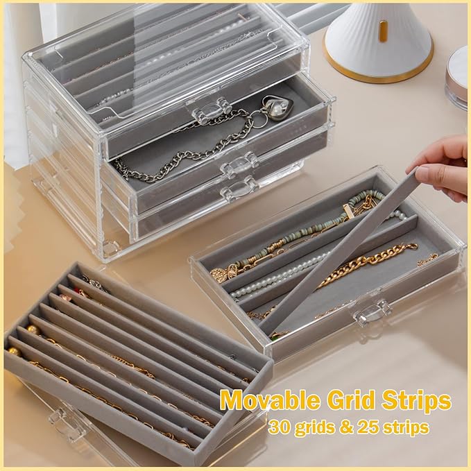 Necklace Organizer Box with 5 Drawers 30 Compartments, Dustproof Velvet Necklace Display Tray, Acrylic Necklaces Display Case