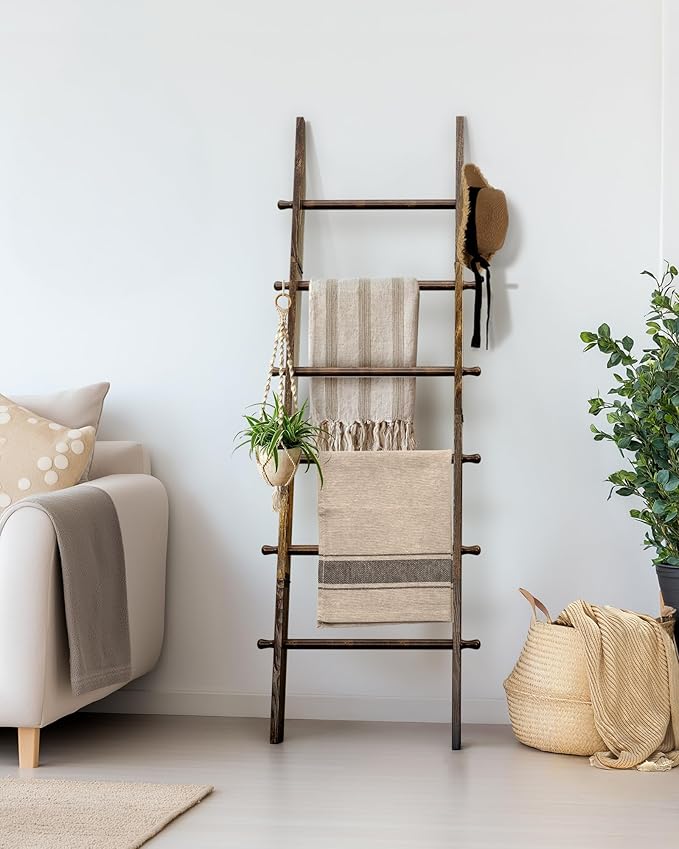TEAKMAMA 6-Tier Blanket Ladder with Hanging Knobs,5.5 Ft Wall Leaning Blanket Ladders for Living Room Bedroom,Rustic Decorati
