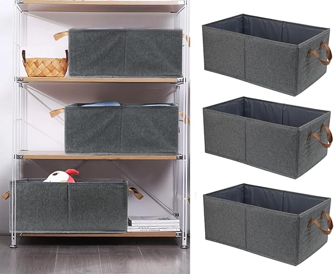 Fordonral Pack of 3 Large Capacity Storage Bins Closet Organizer System, Sturdy Foldable Storage Boxes for Organizing Clothin