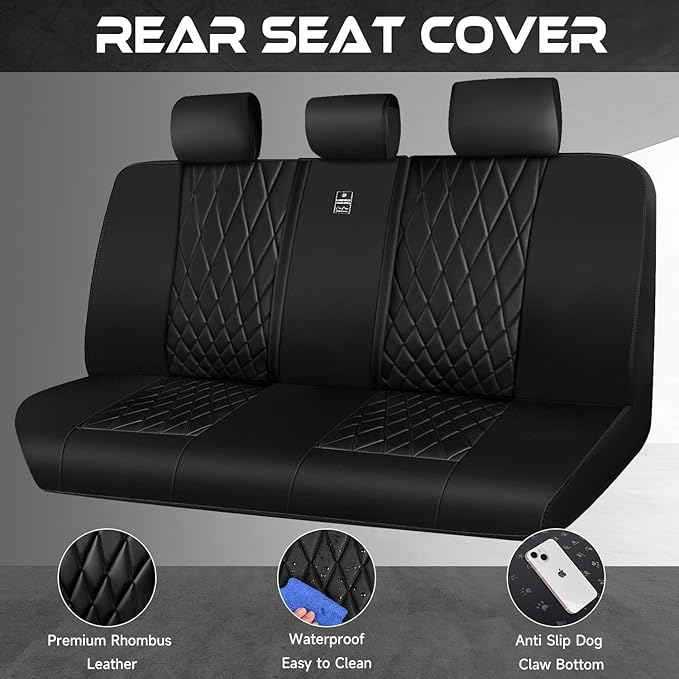 CAR PASS Luxury Faux Leather Rear Bench Car Seat Covers, Waterproof Anti Slip Back Seat Covers, Deluxe Automotive Backseat Co