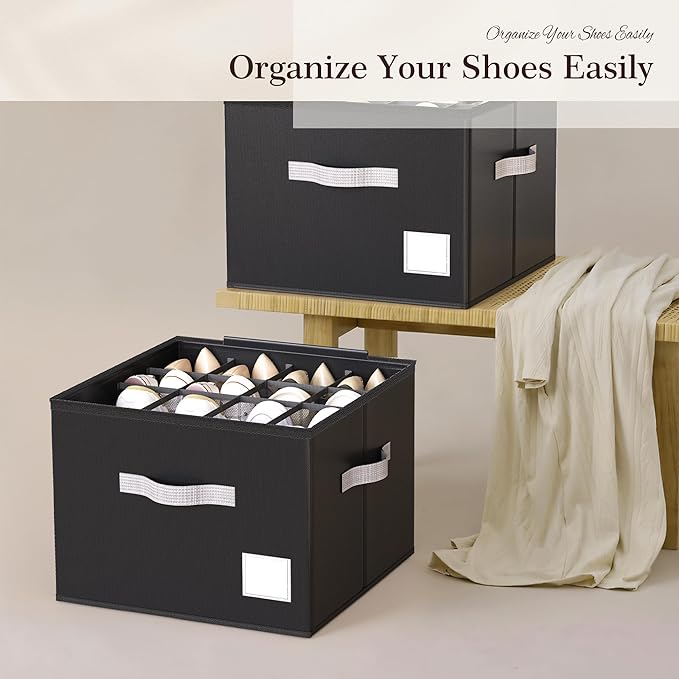 Criusia Shoe Organizer for Closet, Foldable Shoe Storage Organizer with Clear Cover and Sturdy Handles, Fit 12-16 Pairs, Clos
