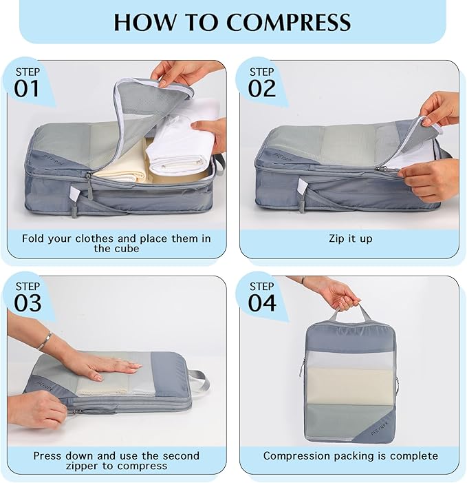 PFEYRPK Lightweight Compression Packing Cubes for Suitcases, Compressible Expandable Travel Packing Organizer with Clear Toil