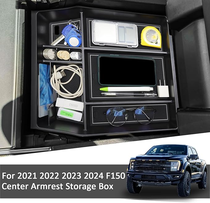 Center Console Organizer Tray for Ford F150 2021 2022 2023 2024 Accessories Interior Secondary Storage Armrest Box Insert Hidden Cubby Drawer (Full Console w/Bucket Seats ONLY) (Gray Trim)
