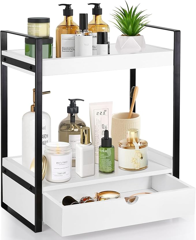 2-Tier Wooden Counter Shelf with Drawer, Vanity Tray for Organization and Decor, Countertop Organizer for Bathroom and Kitche