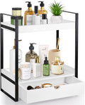 2-Tier Wooden Counter Shelf with Drawer, Vanity Tray for Organization and Decor, Countertop Organizer for Bathroom and Kitche