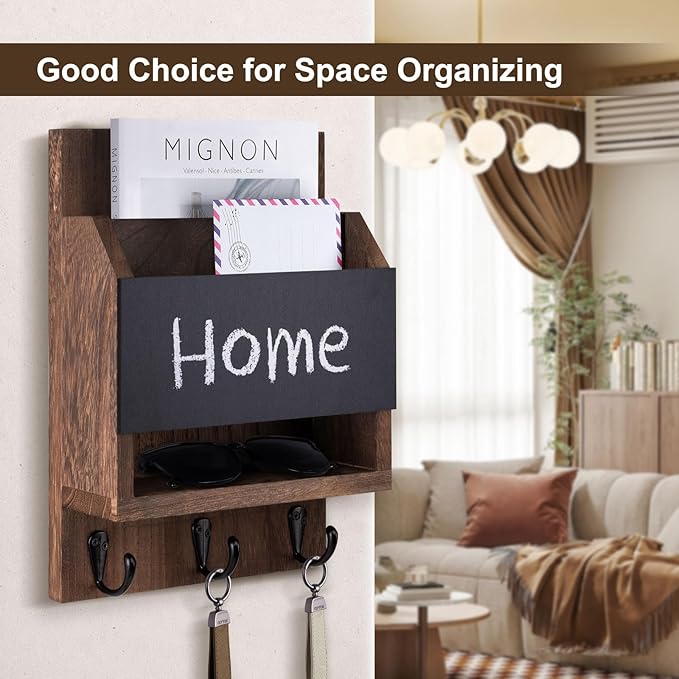 Key and Mail Holder for Wall, Key Holder with Chalkboard and Long Storage Box, Key Hanger with 3 Sturdy Hooks for Coat, Dog L