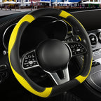 Microfiber Leather D Shaped Steering Wheel Cover, Breathable, Anti Slip, 13.5 inch to 14 inch, Black with Yellow
