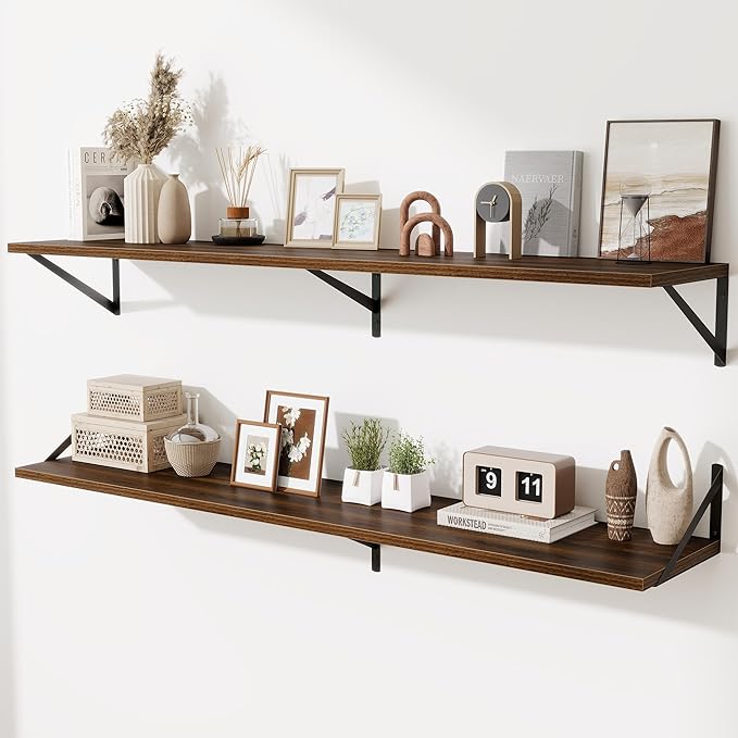 Deep Floating Shelves,55" Wx10 D Wood Wall Shelves Set of 2,Long Wood Floating Shelf with Metal Brackets,Floating Bookshelf f