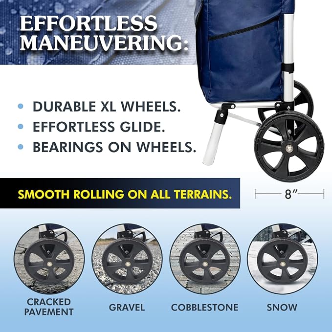 Ultra-Lightweight Blue Foldable Shopping Cart for Groceries Large 42L Capacity Rubber Wheels, Removable Insulated Bag Liner, Durable Aluminum Frame, Multi-Function Personal Hand Truck
