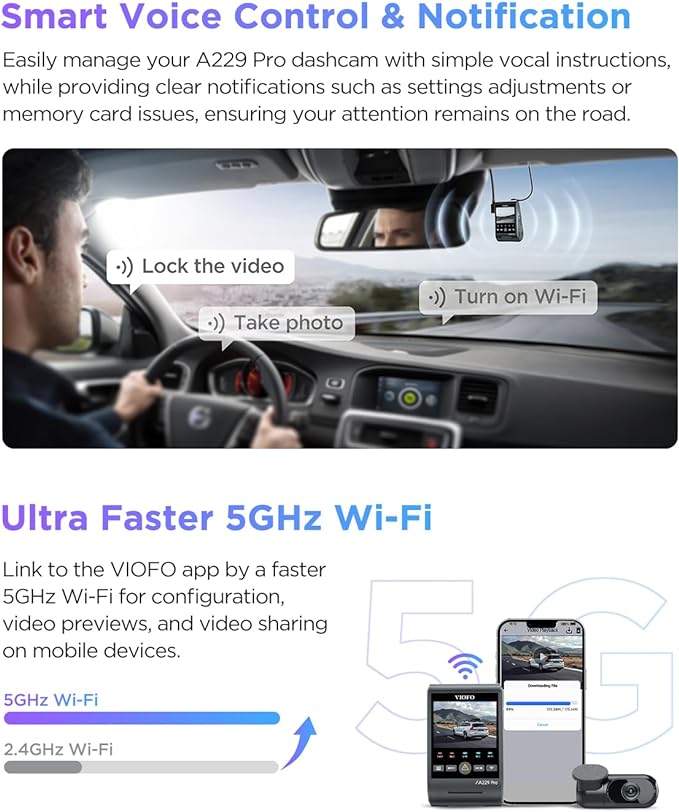 VIOFO A229 Pro 4K HDR Dash Cam, Dual STARVIS 2 IMX678 IMX675, 4K+2K Front and Rear Car Camera, 2 Channel with HDR, Voice Cont