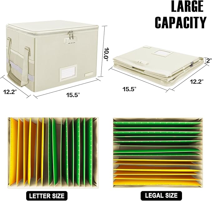 ENGPOW File Box with Lock, Fireproof Document Box with Zipper Lid, Collapsible File Storage Organizer Filing Cabinet with Han