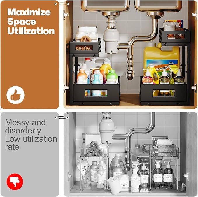 1-Pack Under Sink Organizers and Storage,2-Tier L Shape Pull Out Cabinet Organizer With Round Tube Slide Rails,Hight Adjustab