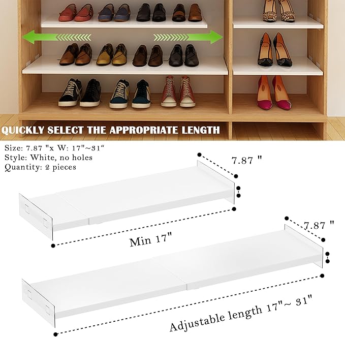 Expandable Closet Organizer Shelves, Adjustable Metal Storage Shelves Divider for Wardrobe Cupboard Kitchen (2 Pack, W:7.87" 