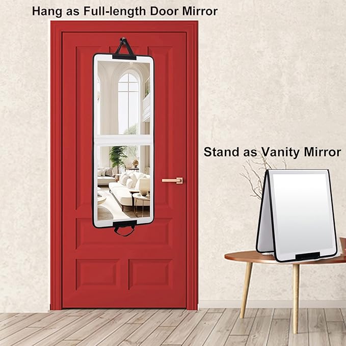 LPHUMEX Foldable Full Length Mirror White with Black Handles Hanging, 13x33 inch Portable Folding Body Mirror for Dance, Fest