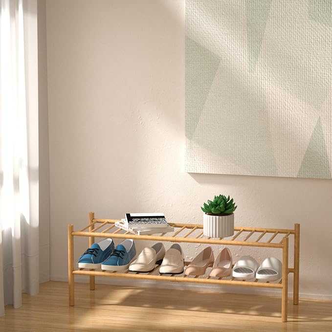 ROMGUAR CRAFT 2-Tier Bamboo Long Shoe Rack, Free Standing Wood Shoe Shelf Storage Organizer for Closet Entryway Stackable 35"