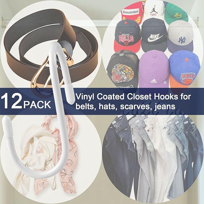 HiGift 12 Pack Purse Hanger for Closet, Unique Twist Design White Vinyl Coated Bag Hooks Organizer hanging, Large Closet Hook