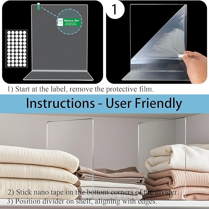 Shelf Dividers for Closet Organization: 12" Tall Acrylic Closet Dividers for Shelves - Clear Free Standing Shelf Separators f
