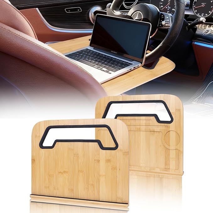 Bamboo Steering Wheel Tray,Double Sided Car Steering Wheel Tray with Silicone Protective Ring, Universal Laptop Desk for Eating,Reading,Writing,Natural Wood Snack & Writing Table