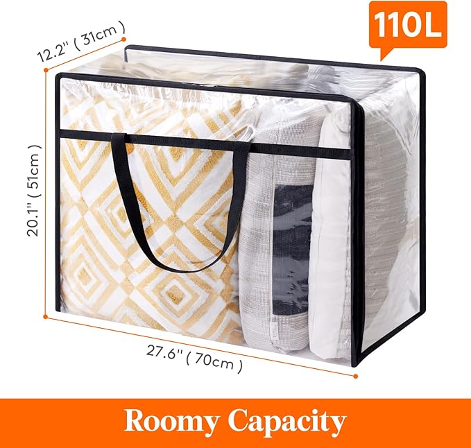 Lifewit 3 Pack Clear Clothes Storage Bags, 110L Plastic Blanket Storage Bag, Vinyl Foldable Moving Bags with Zipper, Closet O