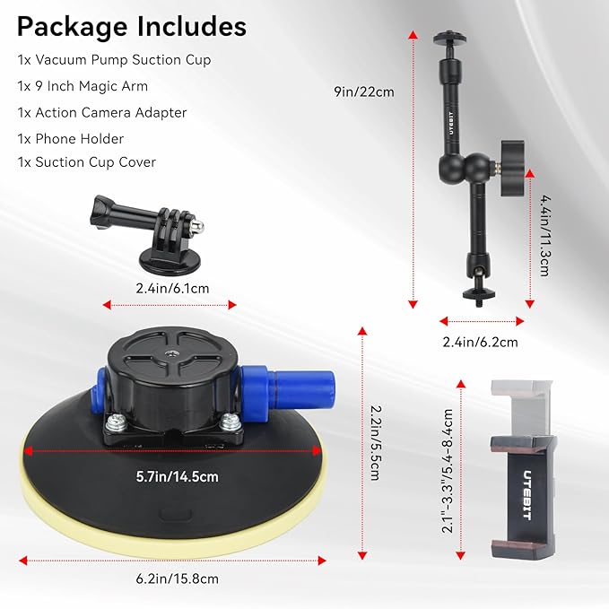 UTEBIT 6" Suction Cup Camera Mount with Ball Head Magic Arm, Metal Suction Cup Mount on Car Windshield Dash for Camera/Phone Holder, 1/4" Screw Action Camera Mount for DJI Action 5 Pro/4, Insta360 x5