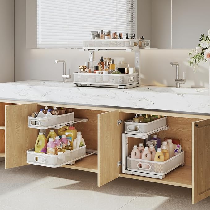 2 Pack Under Sink Organizer With Smooth Cylindrical Rail,2-Tier Pull Out Multi-Purpose Cabinet Storage for Bathroom&Kitchen,H