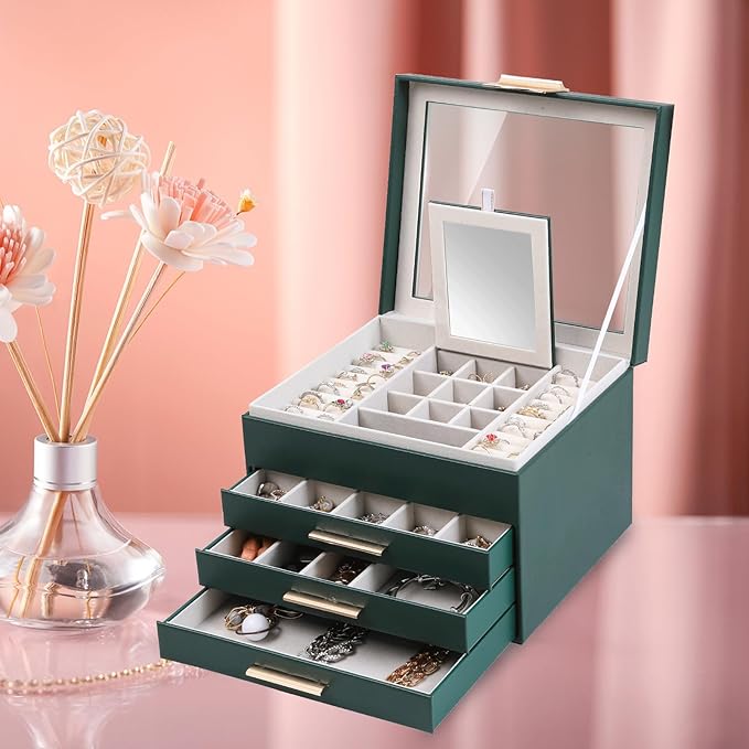 BOOVO Clear Lid Jewelry Box,4 Layers Jewelry Organizer Large Jewelry Storage Box with 3 Drawers,Jewelry Holder Organzier of R